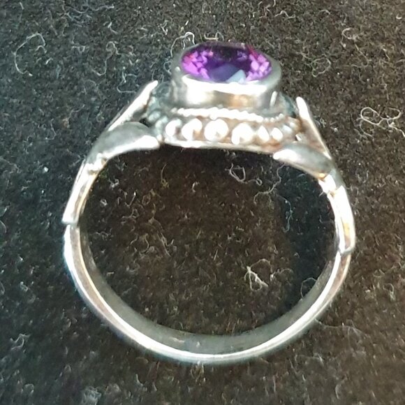 Vintage 9x 6mm Natural Amethyst 925 Sterling Silver Art Nouveau Ring - Picture 5 of 11